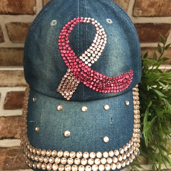 WOMEN'S BREAST CANCER AWARENESS PINK RIBBON BLING DISTRESSED DENIM BASEBALL CAP - Picture 5 of 8